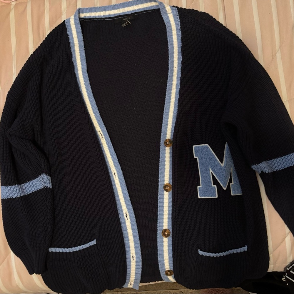 Navy Forever 21 Cardigan with Light Blue and White Trim
